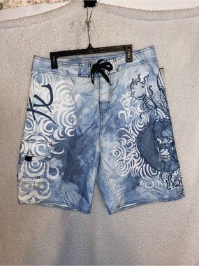 Liquid Blue Men’s Sz 36 Cargo Blue Dragon Swim Trunks Board Shorts Unlined (GZ)
